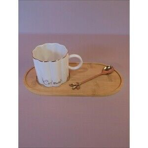 Rumi White Ceramic Mug Gold Spoon Wood Tray Coffee Tea Espresso